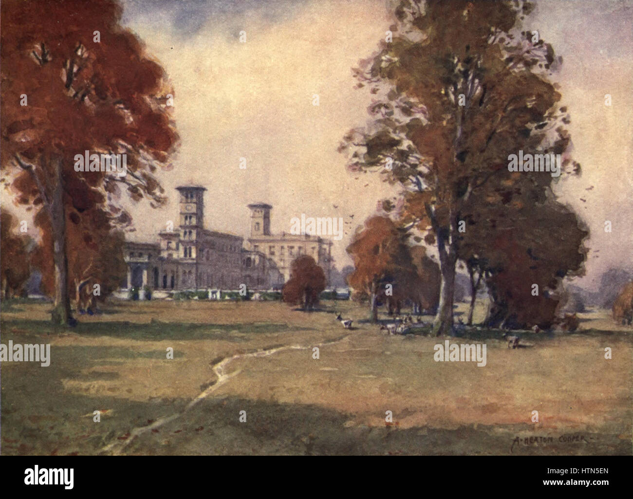*Osborne House* on the Isle of Wight by A. Heaton Cooper showcases a detailed view of the iconic royal residence. The painting highlights the architectural beauty of the house, set within its lush grounds and offering a glimpse into the grandeur of the Victorian royal family. Stock Photo