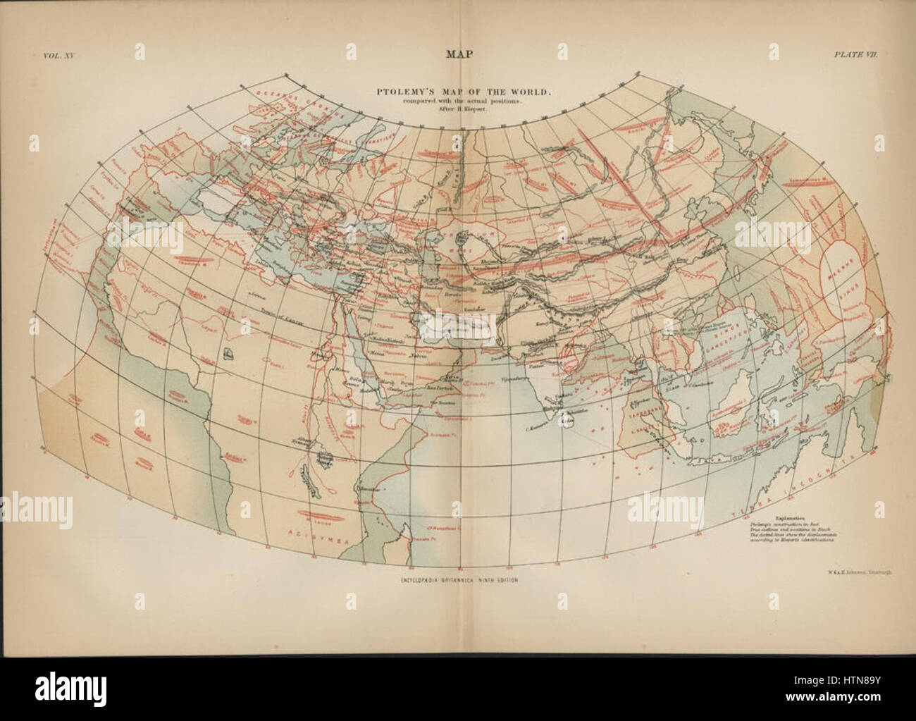 Ptolemy's Map of the World Compared with the Actual Positions Stock Photo