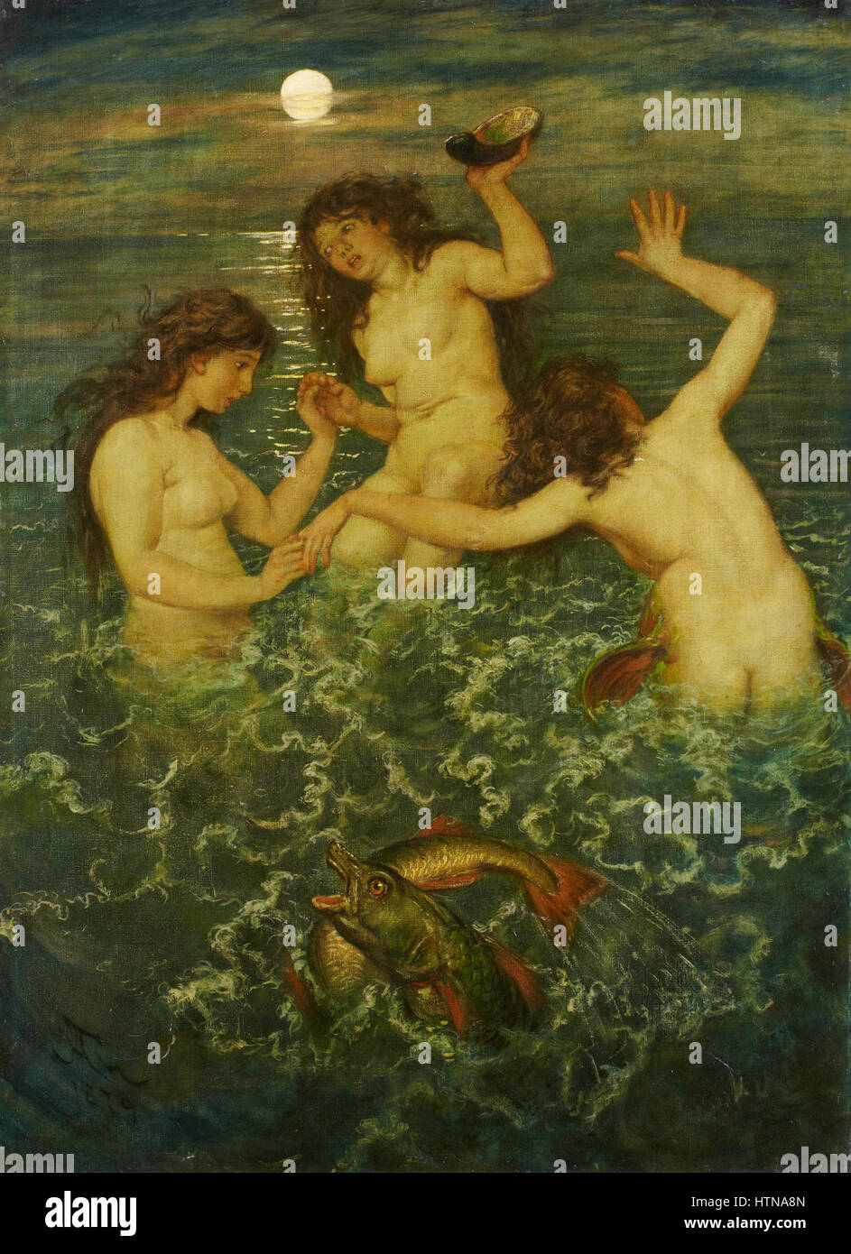 Hans Thoma's 'Drei Meerweiber' (Three Sea Maidens) from 1879 portrays three mythical sea creatures. The painting reflects Thoma’s focus on nature, mythology, and German Romanticism in the 19th century. Stock Photo
