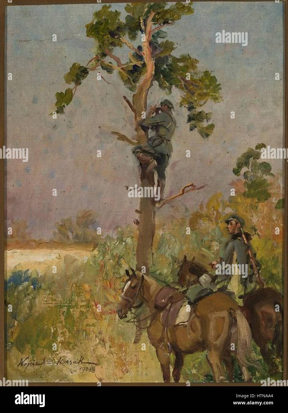 'Zwiad konny' by Kossak depicts a cavalry scouting scene, capturing the action and motion of horsemen as they ride through a landscape. The artwork highlights the traditional subject of cavalry in battle or reconnaissance, showcasing Kossak’s skill in depicting equestrian themes. Stock Photo