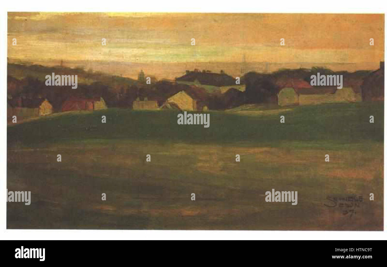 Schiele - Wiese mit Dorf im Hintergrund - 1907 Stock Photo