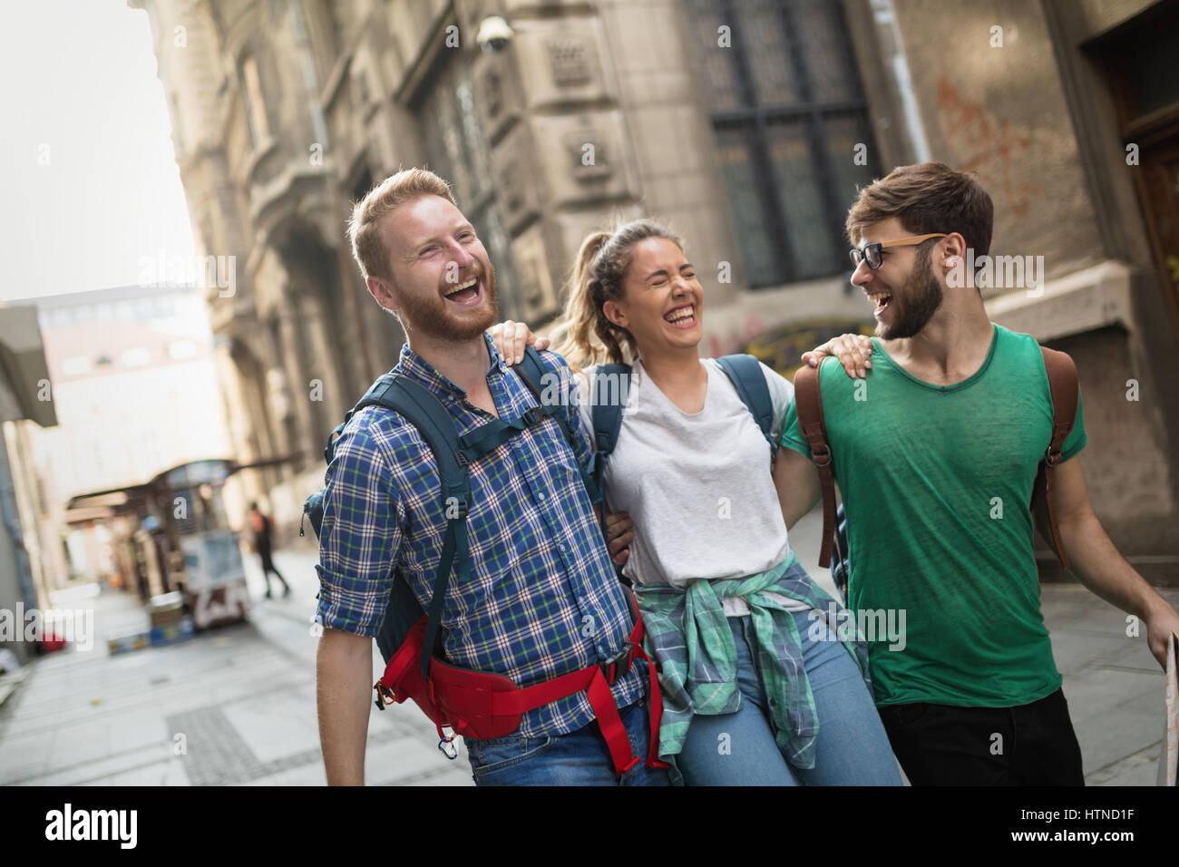 Happy Group Of Students On Sightseeing And Travel Adventure Stock Photo 