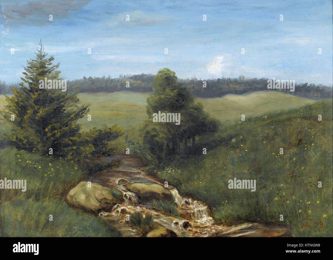 Hans Thoma (zugeschr.) - Bachmotiv mit Wiese und Felsen Stock Photo