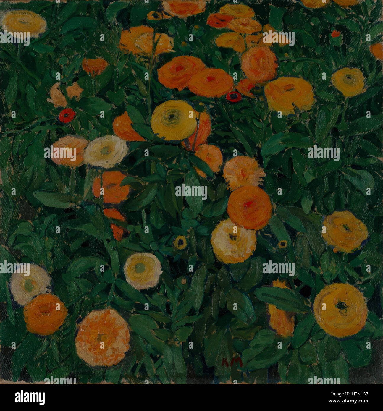 Koloman Moser’s 'Marigolds' is a decorative painting featuring vibrant, stylized flowers. It reflects the artist's work within the Art Nouveau movement, characterized by organic forms and intricate design elements. Stock Photo