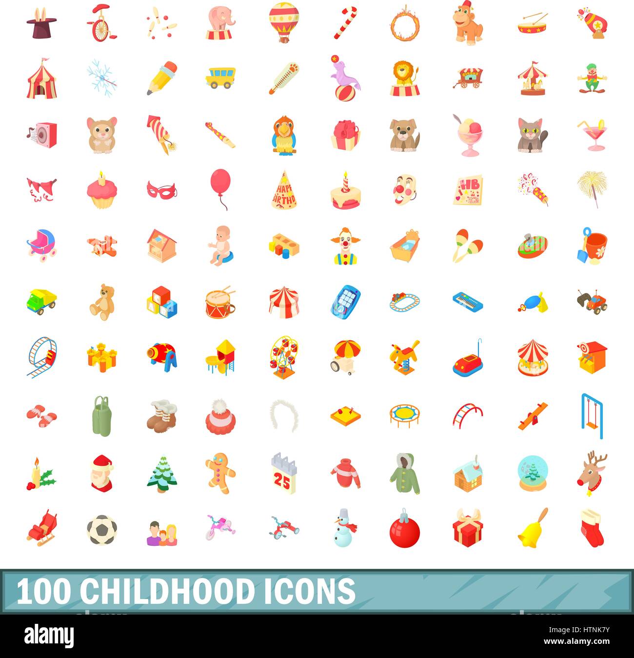 100 childhood icons set in cartoon style for any design vector ...