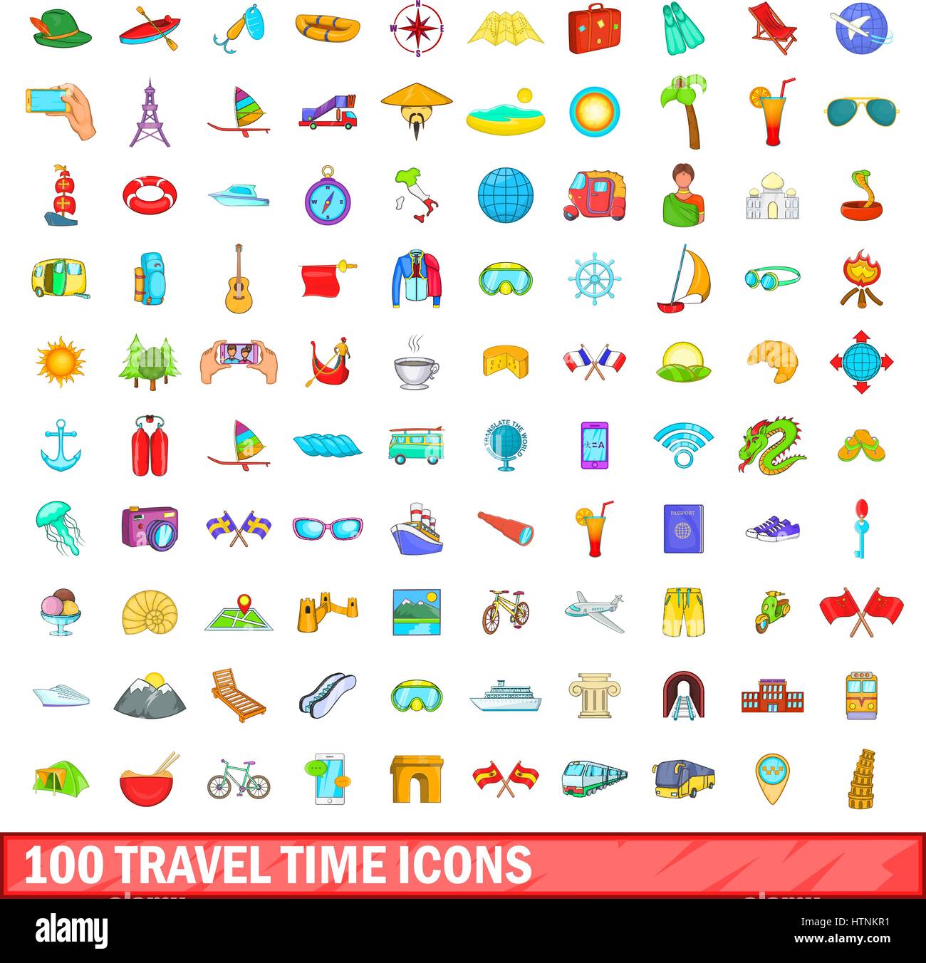 100 travel time icons set in cartoon style for any design vector ...