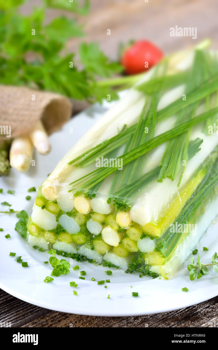Vegetable jelly with fresh white and green asparagus and chives Stock