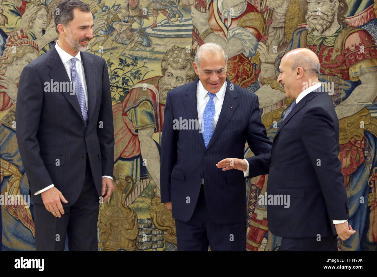 Madrid, Spain. 13th Mar, 2017. Spanish King Felipe VI during audience with the Secretary General of the Organization for Economic Cooperation and Development (OECD), Angel Gurria Treviño at the Palacio de la Zarzuela in Madrid on Monday 13 March 2017. Credit: Gtres Información más Comuniación on line,S.L./Alamy Live News Stock Photo
