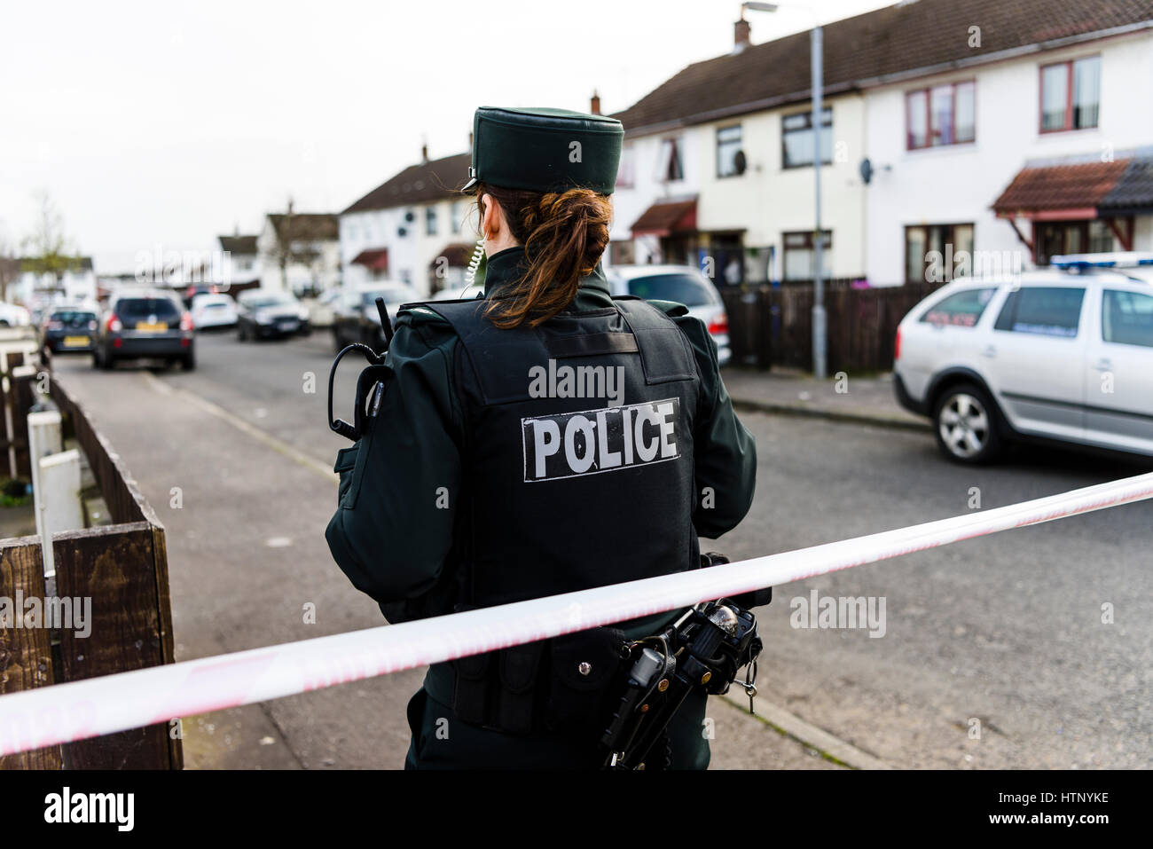 Carrickfergus, Northern Ireland. 13/03/2017 - A man in his 40s has been critically shot while driving his white Vauxhall Insignia car in the Woodburn Estate of Carrickfergus.  He is believed to be George 'Geordie' Gilmore, a UDA leader who has been involved in a long-running feud. Stock Photo