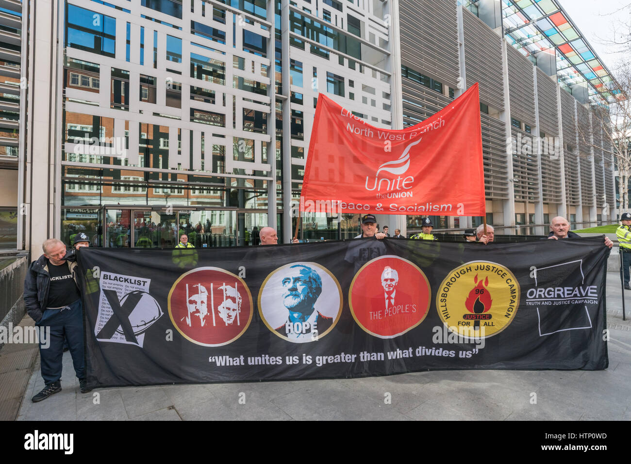 London, UK. 13th March 2017. A banner for Orgreave and other campaigns in front of the Home Office at the Orgreave Truth and Justice Campaign protest at the Home Office after the shocking decision by Home Secretary Amber Rudd not to grant an inquiry into the 'Battle of Orgreave', when police, including military police and others in police uniforms, mounted a carefully planned attack on picketing miners. Campaigners believe the attack was coordinated by the Tory government under Margaret Thatcher with the collusion of the media who distorted their coverage in a deliberate attempt to break the s Stock Photo