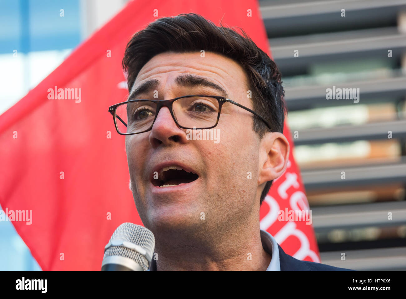 London, UK. 13th March 2017. Andy Burnham MP speaks at the Orgreave Truth and Justice Campaign protest at the Home Office after the shocking decision by Home Secretary Amber Rudd not to grant an inquiry into the 'Battle of Orgreave', when police, including military police and others in police uniforms, mounted a carefully planned attack on picketing miners. He promises that a Labour government will hold hold an inquiry .Campaigners believe the attack was coordinated by the Tory government under Margaret Thatcher with the collusion of the media who distorted their coverage in a deliberate attem Stock Photo