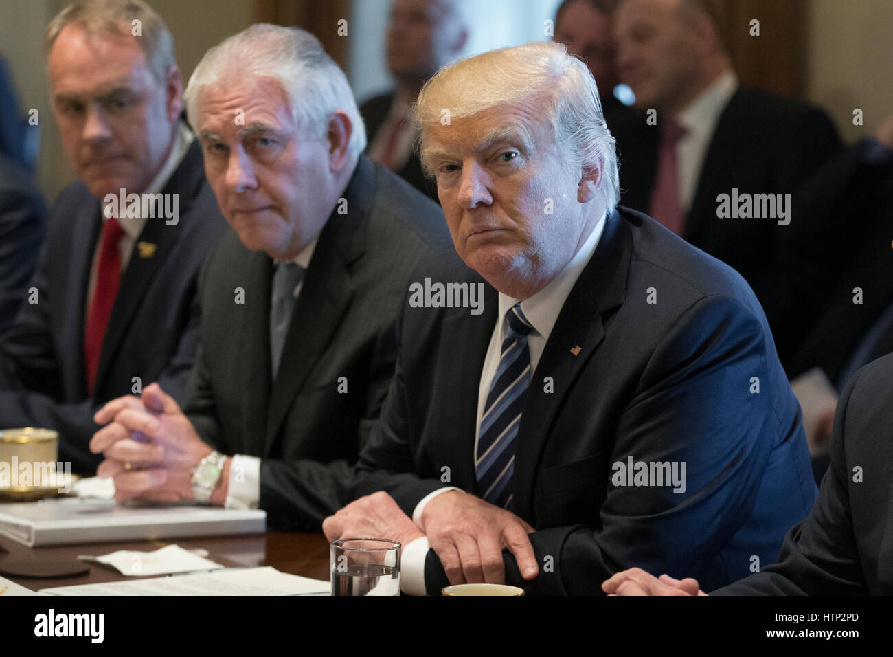 Washington DC, USA 13th March, 2017 US President Donald J Trump (R) holds a meeting with members of his Cabinet in the Cabinet Room of the White House in Washington, DC, USA, 13 March 2017 Also in the picture is Secretary of the Interior Ryan Zinke (L) an Stock Photo