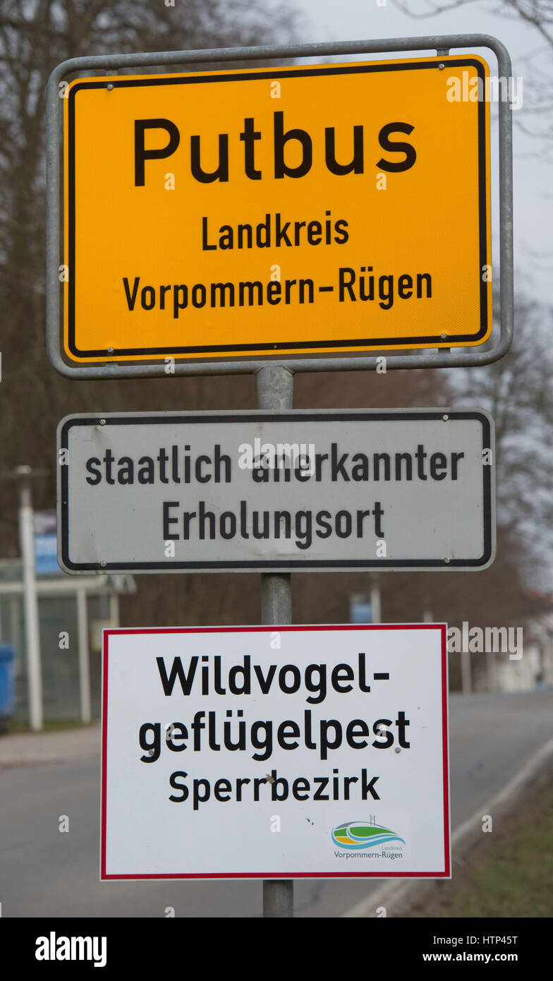 Putbus, Ruegen Island, Germany. 13th Mar, 2017. A sign reading ""Wildgefluegelpest Sperrbezirk" (Wild bird flu: closed area) has been mounted to the town boundary sign in Putbus, Ruegen Island, Germany, 13 March 2017. Dogs and cats are not allowed to roam free. They themselves do not normally fall sick, but can spread the virus. Photo: Stefan Sauer/dpa-Zentralbild/dpa/Alamy Live News Stock Photo