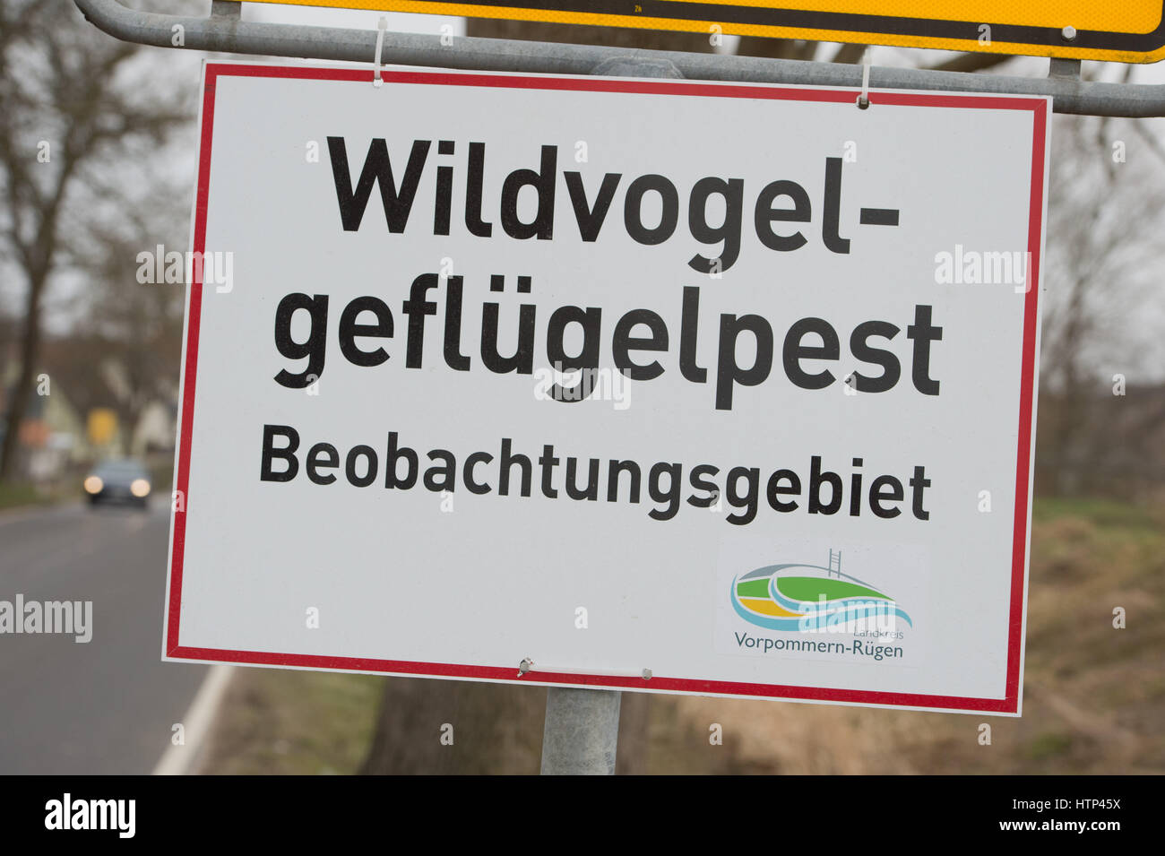 Garz, Ruegen Island, Germany. 13th Mar, 2017. A sign reading "Wildgefluegelpest: Beobachtungsgebiet" (Wild bird flu: observation area) has been mounted to the town boundary sign in Garz, Ruegen Island, Germany, 13 March 2017. Dogs and cats are not allowed to roam free. They themselves do not normally fall sick, but can spread the virus. Photo: Stefan Sauer/dpa-Zentralbild/dpa/Alamy Live News Stock Photo