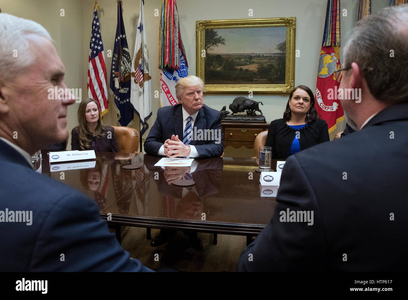 US President Donald J. Trump (C) and US Vice President Mike Pence (Front L) attend a meeting on healthcare with opponents of the Affordable Care Act, in the Roosevelt Room of the White House in Washington, DC, USA, 13 March 2017. The House Republicans' bill known as the 'American Health Care Act', which is intended to replace the Affordable Care Act and endorsed by President Trump, has faced criticism from both Republicans and Democrats. Also in this picture is Brittany Ivey (Back L) of Georgia, Carrie Couey (Back R) of Colorado and Greg Knox (Front R) of Ohio. Credit: Michael Reynolds/Pool Stock Photo