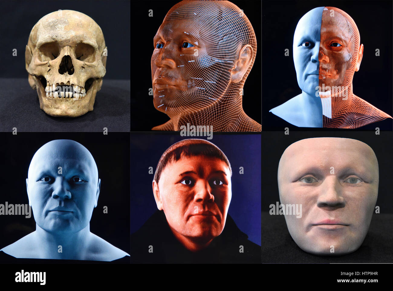 Lorsch, Deutschland. 16th Mar, 2017. Die Kombo zeigt die sechs Stationen einer 3 D Gesichtsrekonstruktion eines Mönchs, der um das Jahr 900 im Kloster Lorsch (Hessen) gelebt hat. Obere Reihe v.l.: Der Originalschädel, eine 3D-Berechnung des Gesichts und eine 3D-Brechnung des Gesichts mit Muskeln. Untere Reihe v.l.: Eine 3D-Darstellung des Kopfes noch ohne Haare, eine Computer-Darstellung des Kopfes und das mit einem 3D-Drucker erstellte Gesicht des Mönchs. (zu dpa «Kloster Lorsch zeigt rekonstruiertes Mönchs-Gesicht» vom 16.03.2017) Foto: Claus Völker/dpa /dpa/Alamy Live News Stock Photo