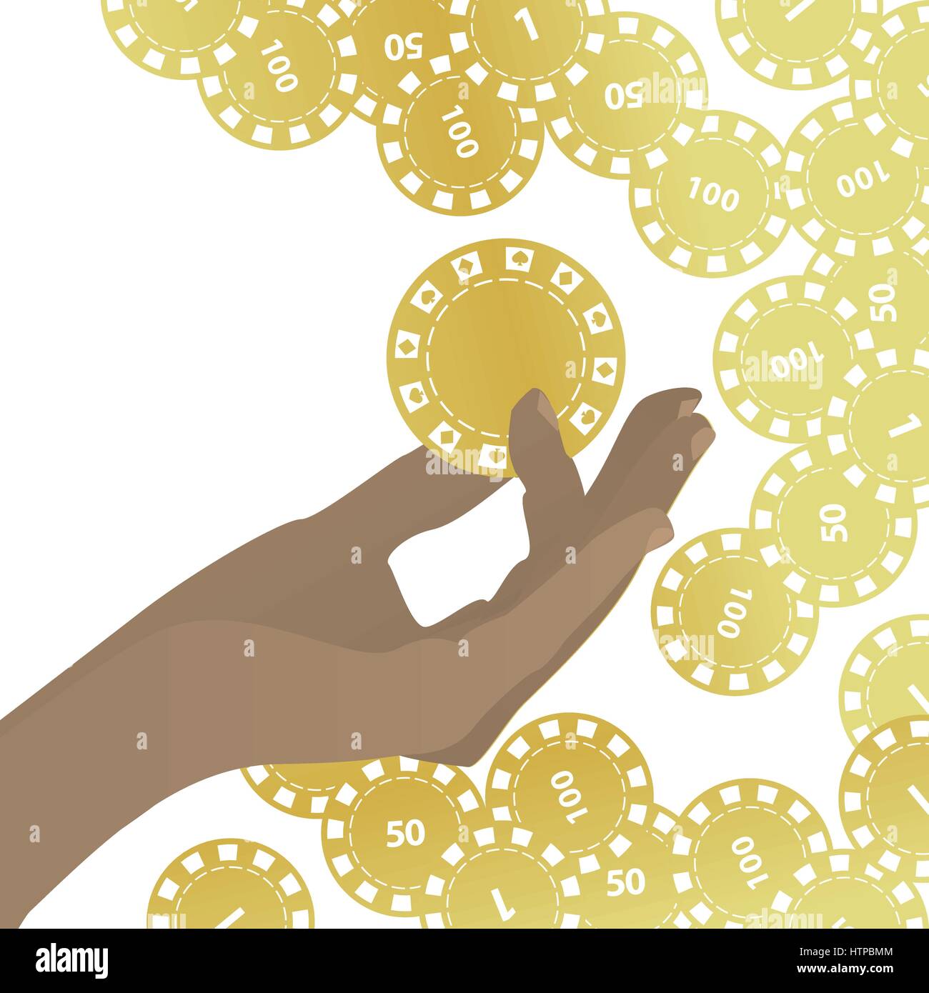 HANDS TO KEEP gold casino chips ON THE BACKGROUND OF WHITE