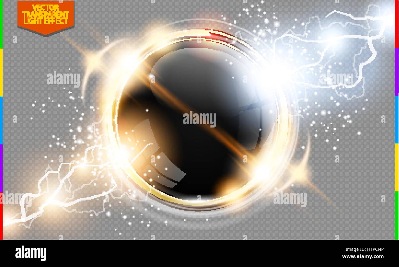 Abstract metal golden ring power science transparent background. Electric shine round tech frame black glossy space, energy lightning. Light effect Stock Vector