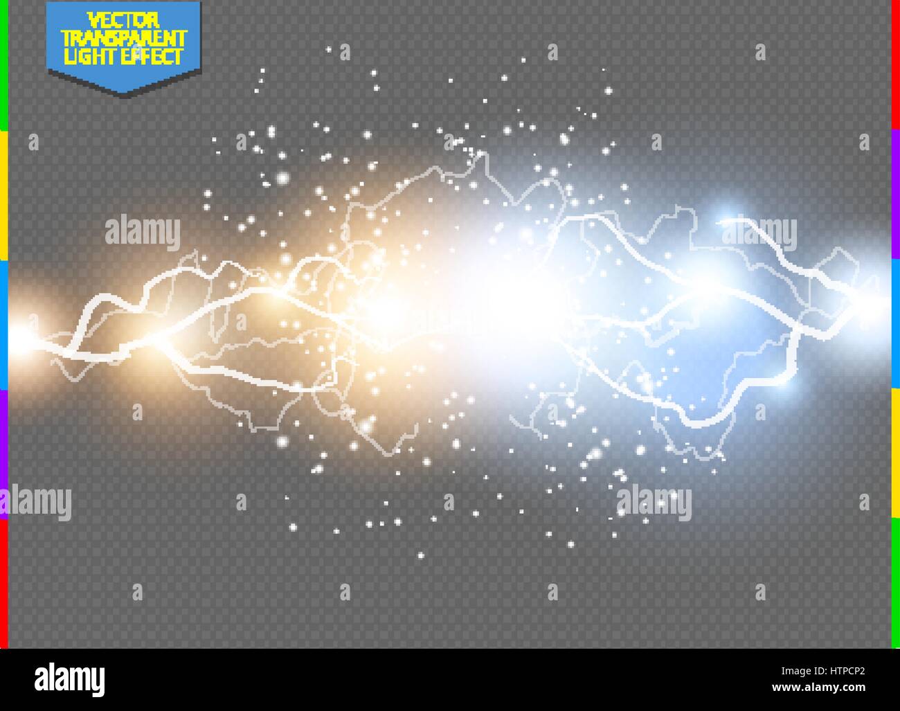 Vector blue and yellow electric lightning bolt. Energy effect illustration. Bright light flare and sparks transparent background. Hot and cold power Stock Vector