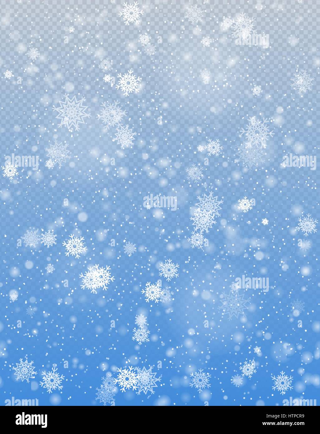 Seamless vector white snowfall effect on blue transparent background. Winter falling snow texture. Delicate white snowflake Christmas backdrop Stock Vector