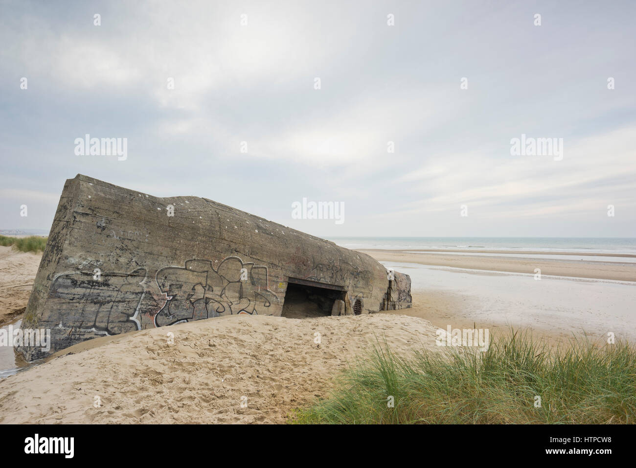 Graffity decorated WW II Bunker at Hardelot Plage, Cote d'Opale Stock