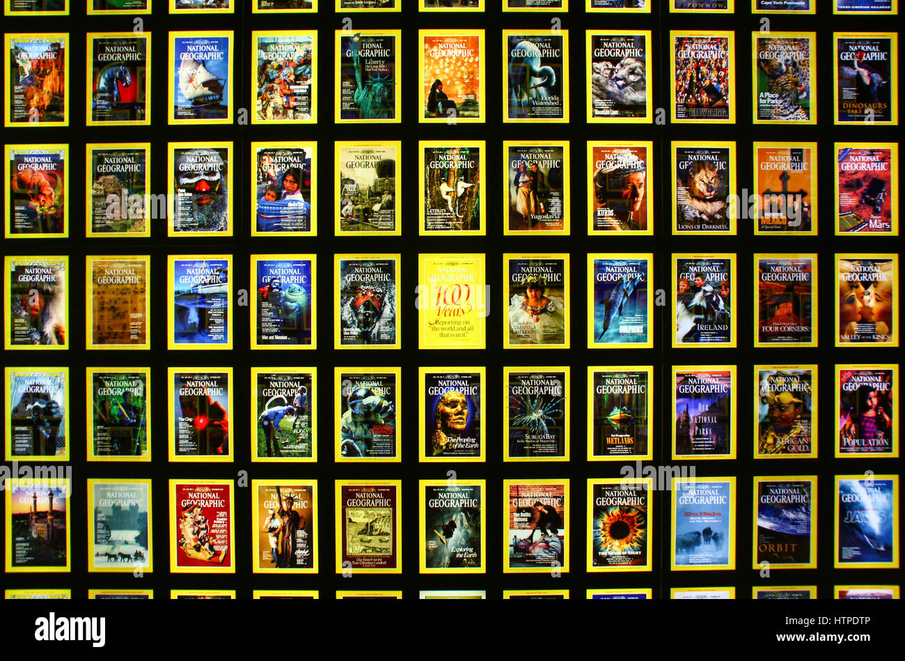 Washington DC, USA - April 29 2014: Collection of National Geographic magazine covers in National Geographic Museum. Stock Photo