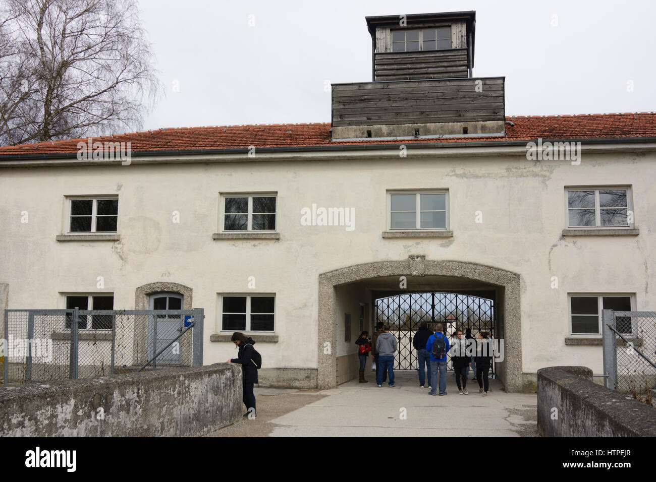 Dachau, concentration camp: Jourhaus (SS offices) with main camp gate, Oberbayern, Upper Bavaria, Bayern, Bavaria, Germany Stock Photo