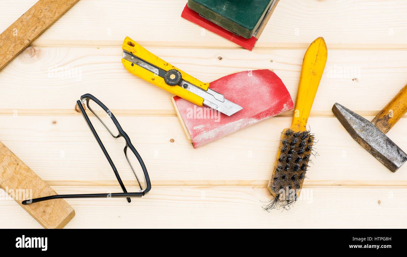 Carpenter tools, diy concept table Stock Photo