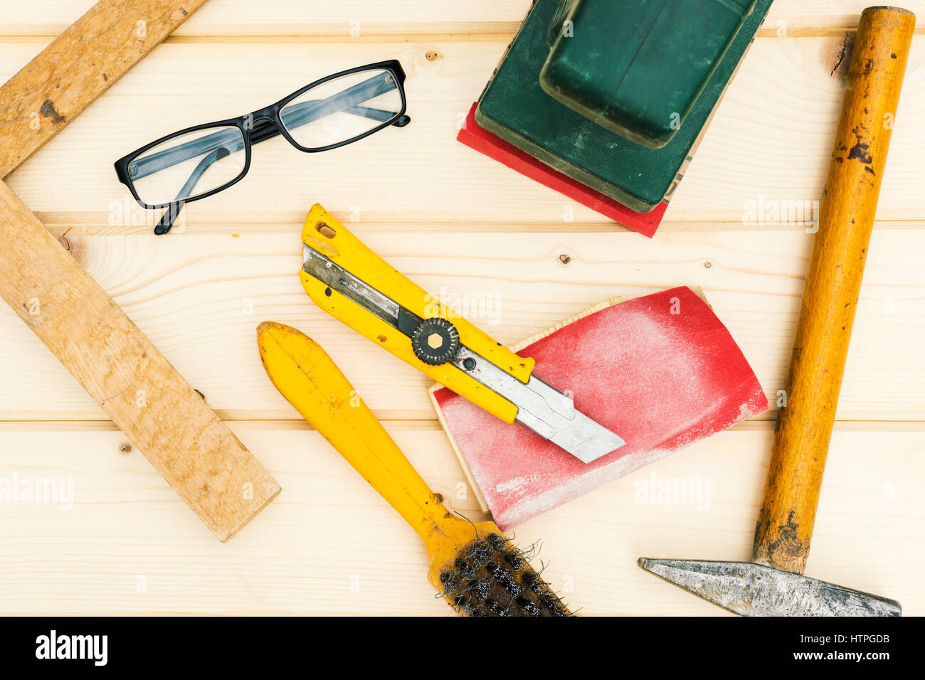 Carpenter tools, diy concept table Stock Photo