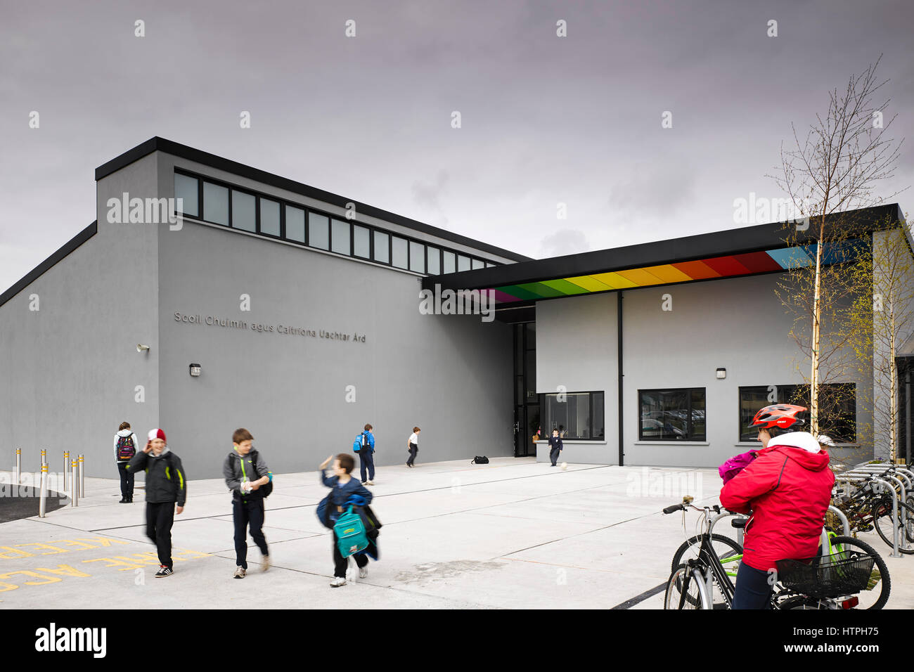 Wide view of school entrance. Oughterard National School, Connemara, Ireland. Architect: Simon J Kelly Architects, 2014. Stock Photo