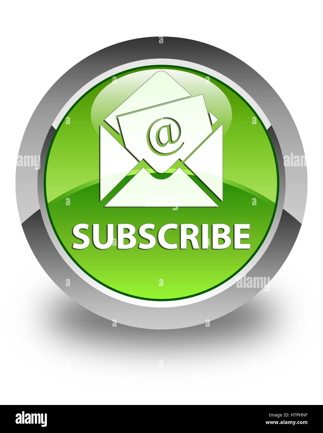 Subscribe (newsletter email icon) isolated on glossy green round button ...