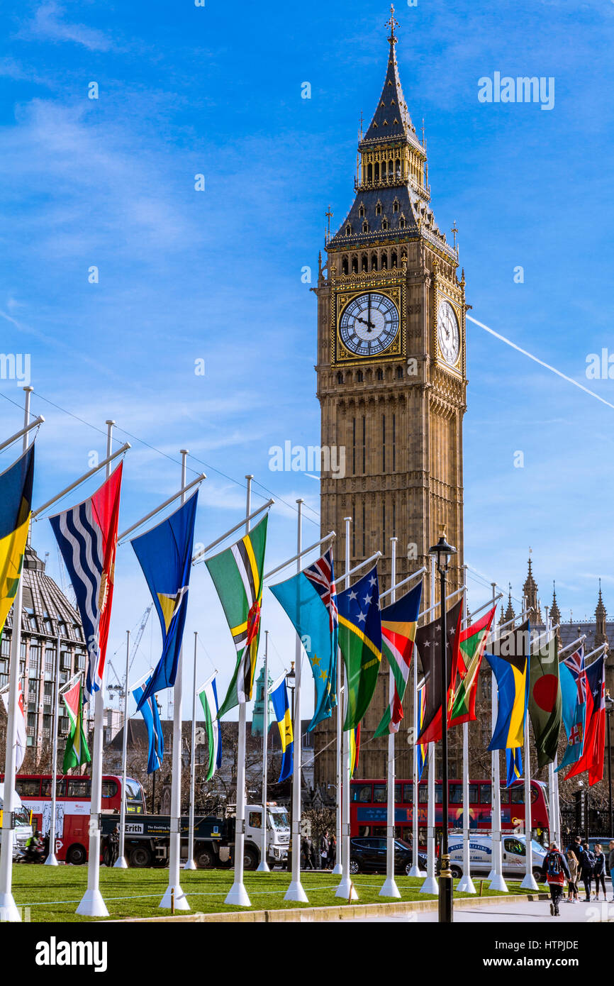 Commonwealth flags in Parliament Square with Big Ben in the background, London, England Stock Photo