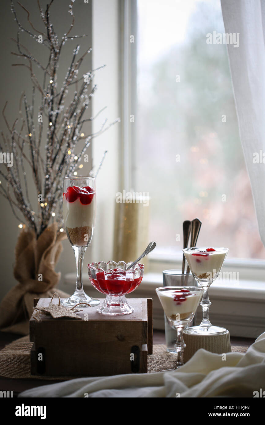 Cherry cheesecake shooters Stock Photo Alamy