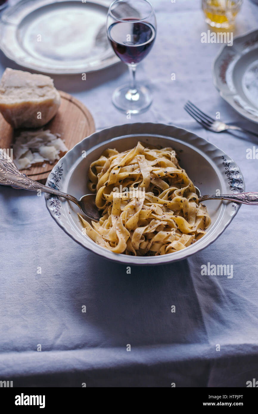 Tagliatelle pasta with black truffle in a vintage bowl Stock Photo Alamy