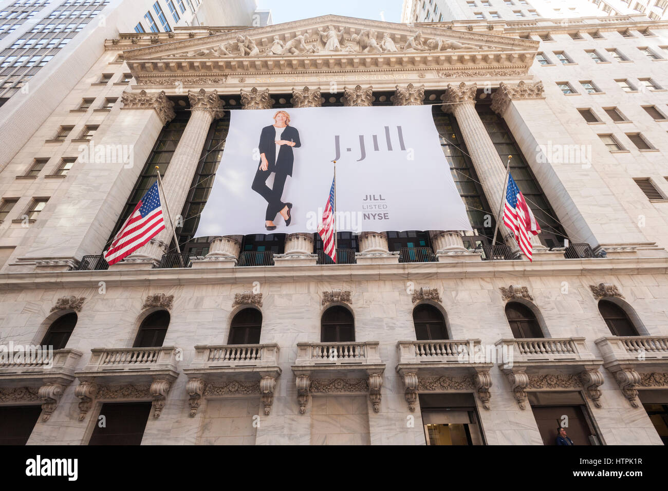 The New York Stock Exchange is decorated on Thursday, March 9, 2017 for the initial public offering of the women's wear retailer J. Jill. The Boston-based J. Jill is an omni-channel retailer of women's apparel with both ecommerce and over 270 stores. (© Richard B. Levine) Stock Photo