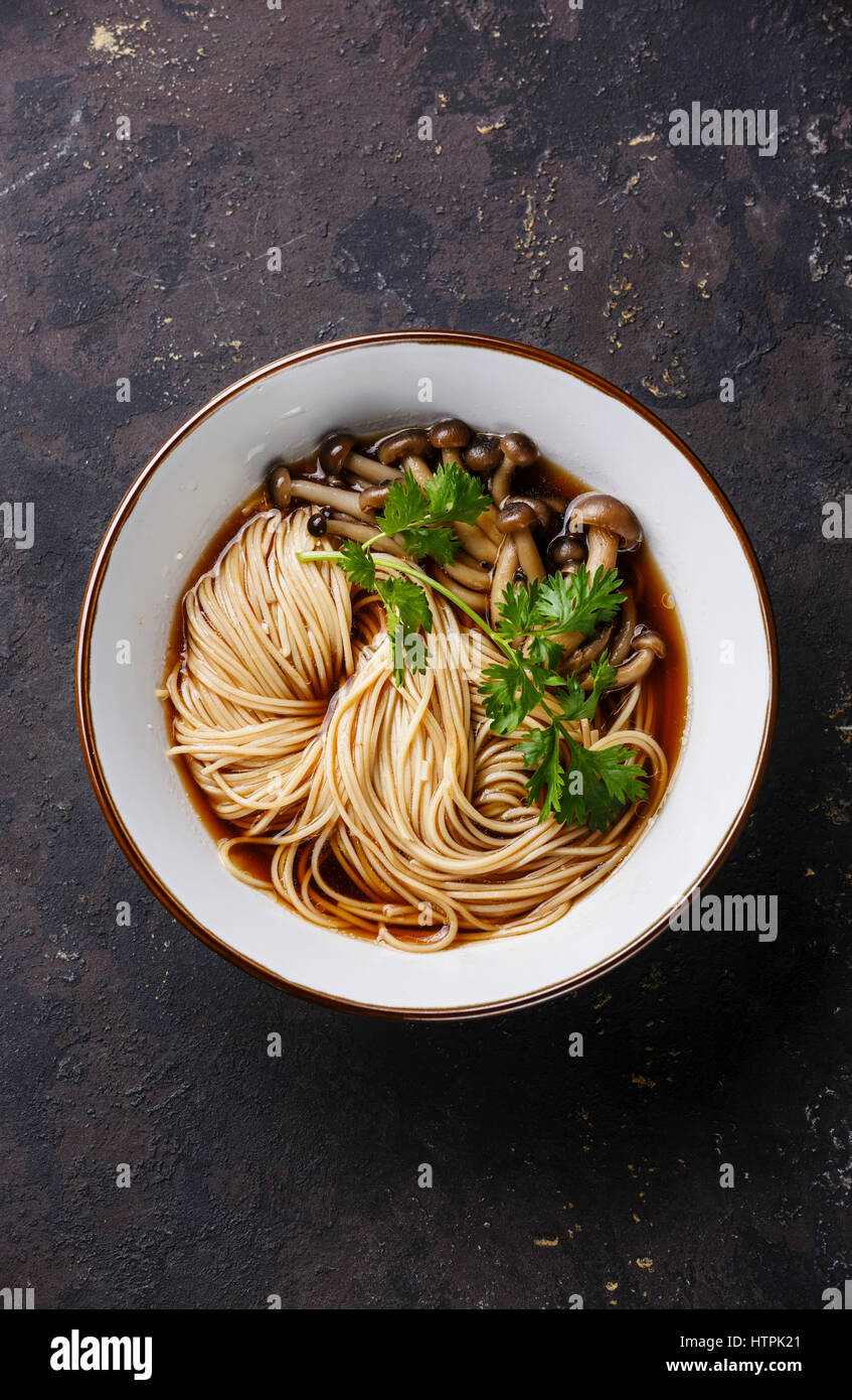 Asian Ramen noodles with shimidzhi mushrooms on dark background copy space Stock Photo