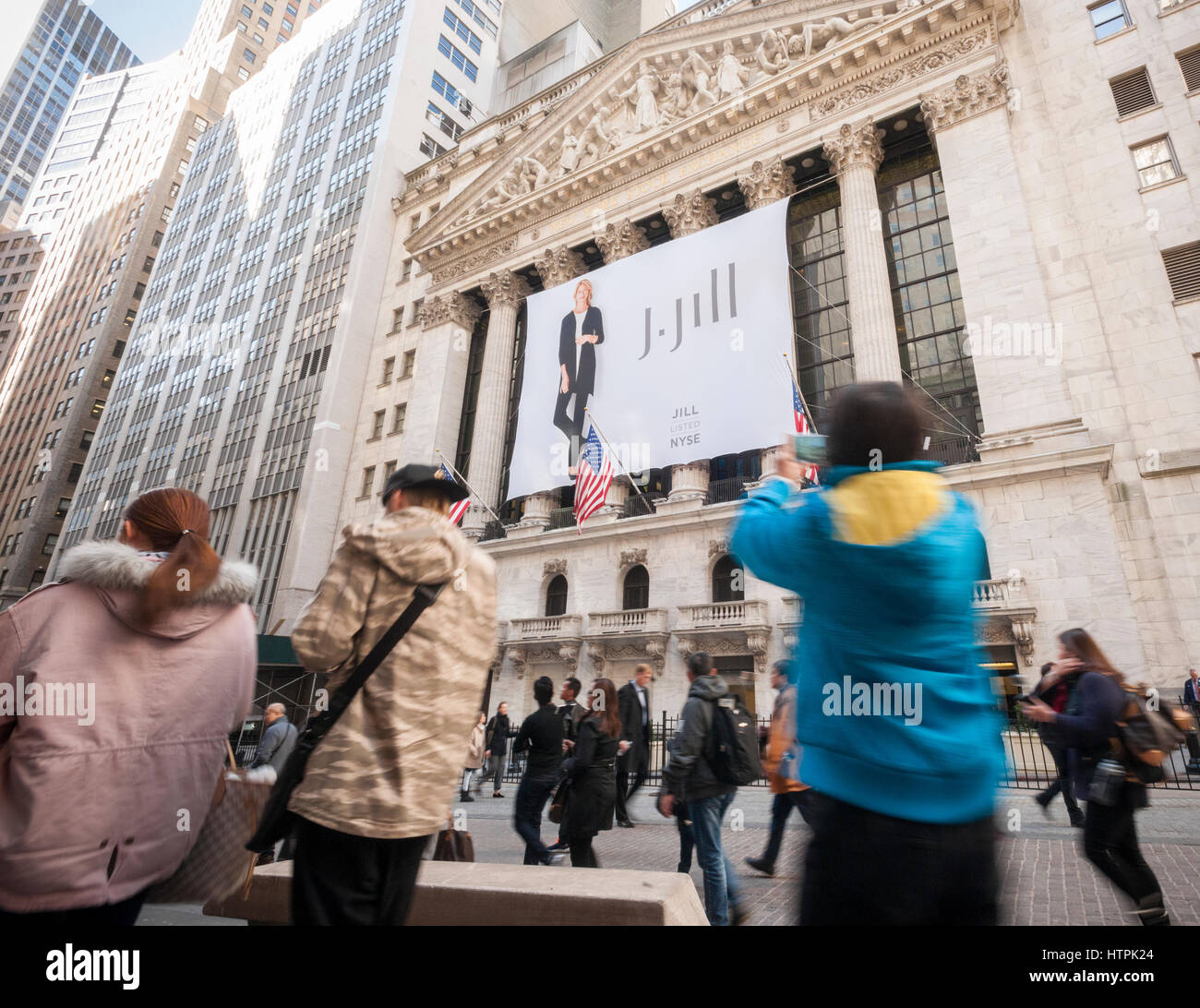 The New York Stock Exchange is decorated on Thursday, March 9, 2017 for the initial public offering of the women's wear retailer J. Jill. The Boston-based J. Jill is an omni-channel retailer of women's apparel with both ecommerce and over 270 stores. (© Richard B. Levine) Stock Photo