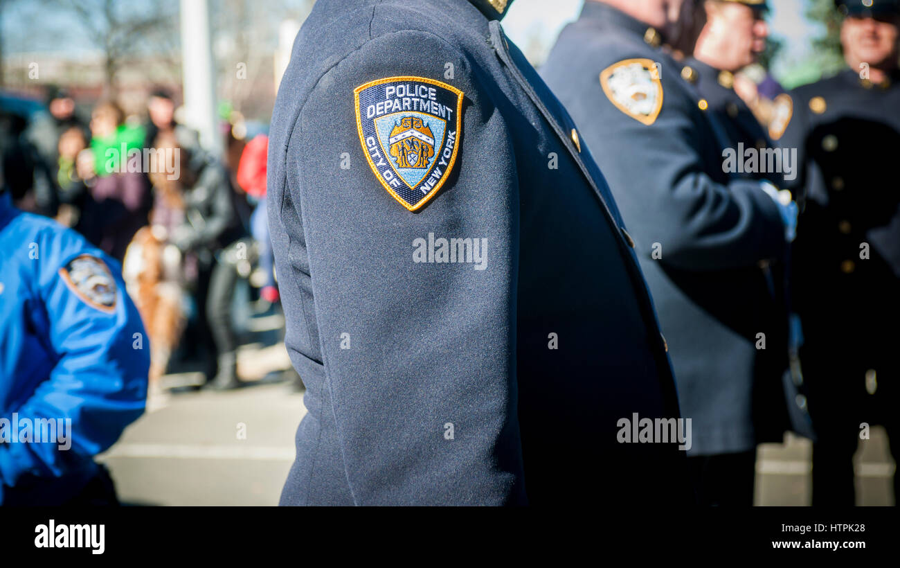 An NYPD patch on an officer's dress uniform in New York on Sunday, March 5, 2017. (© Richard B. Levine) Stock Photo