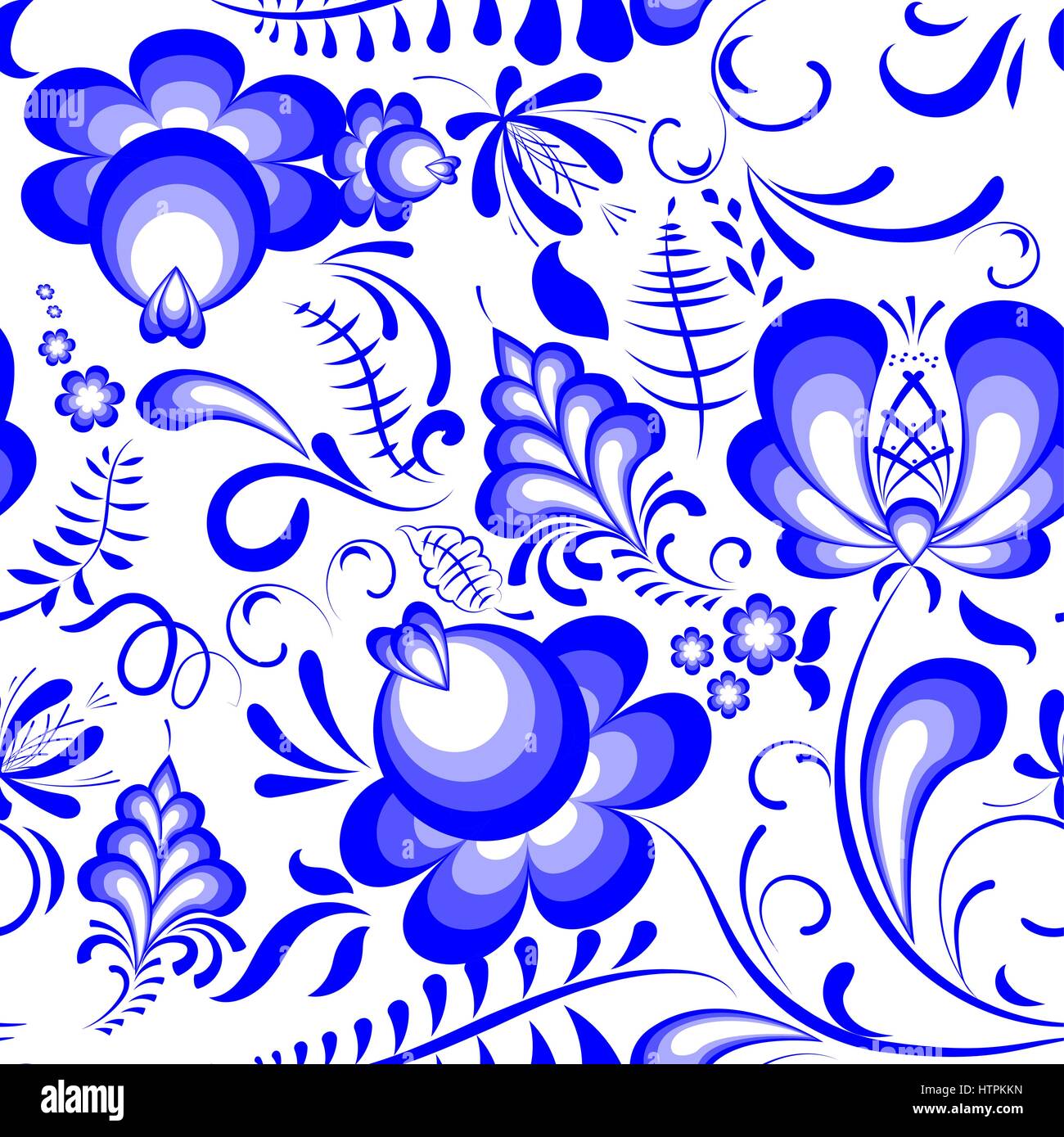 Vector blue floral seamless pattern in russian style gzhel. Traditional
