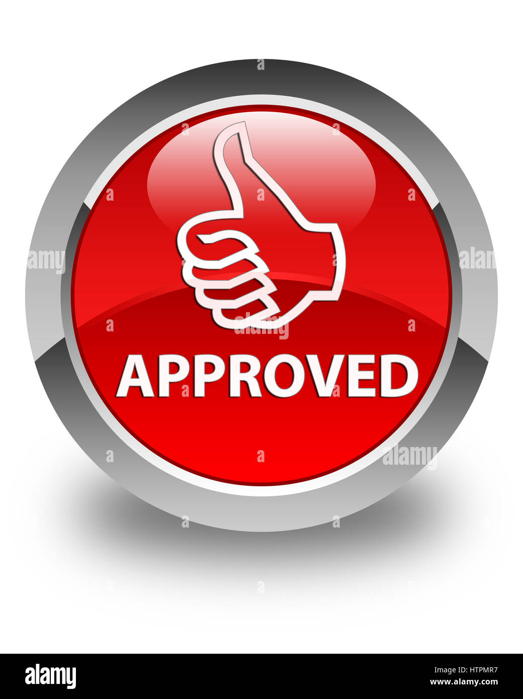 Approved (thumbs up icon) isolated on glossy red round button abstract ...