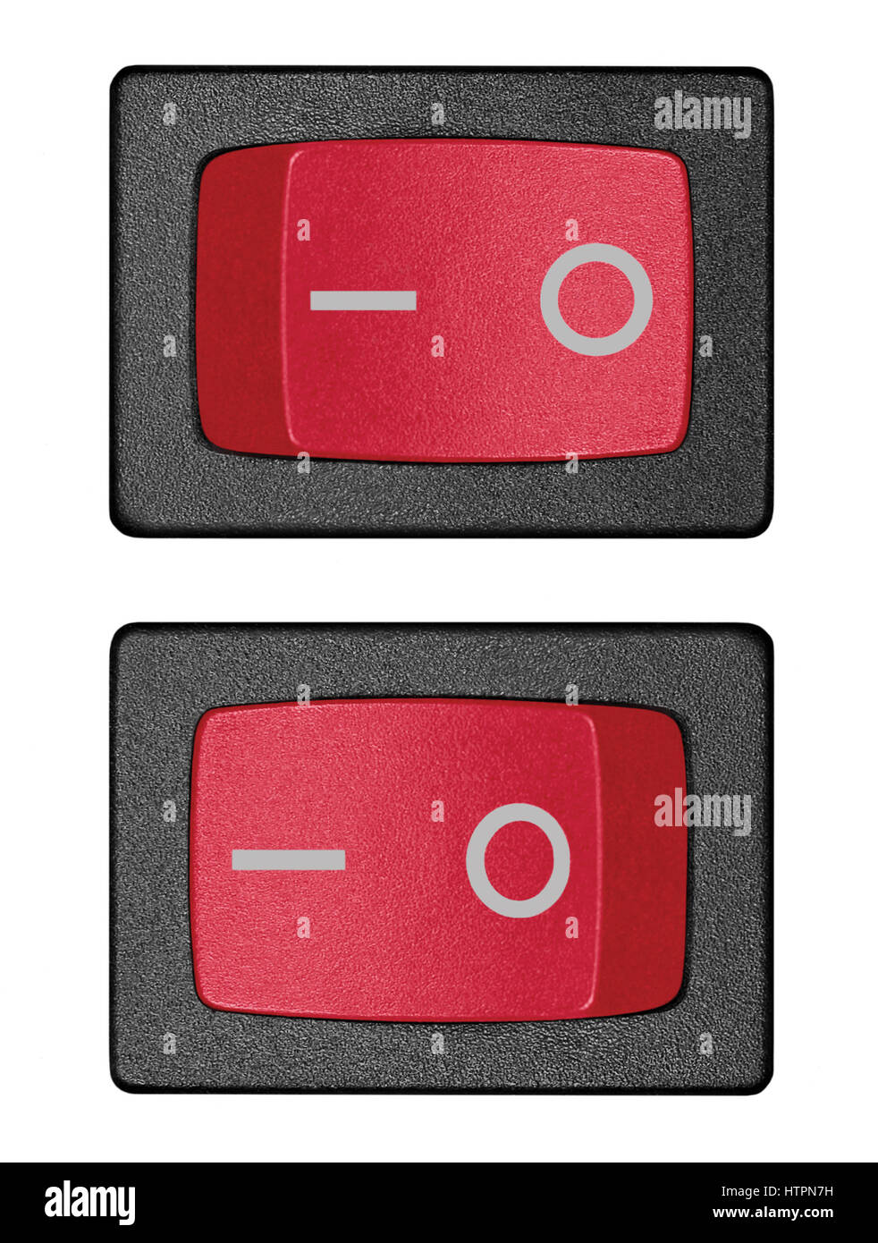 Red power switch in on off position, isolated mains switches macro closeup, Stock Photo