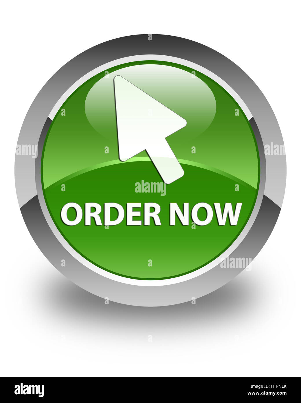 Order now (cursor icon) isolated on glossy soft green round button ...