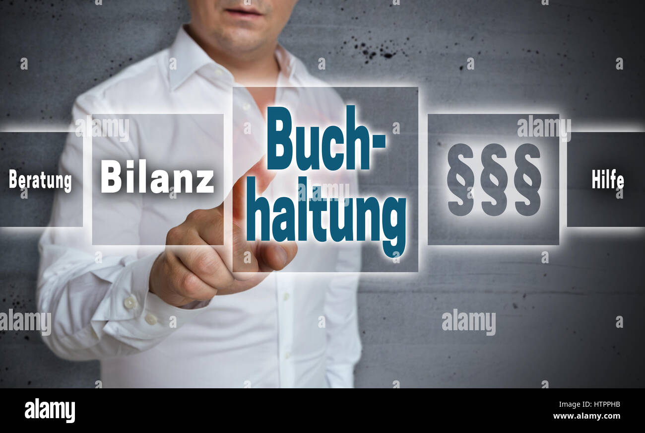 Buchhaltung (in german Accounting, Help, avice, end result) is shown by man. Stock Photo