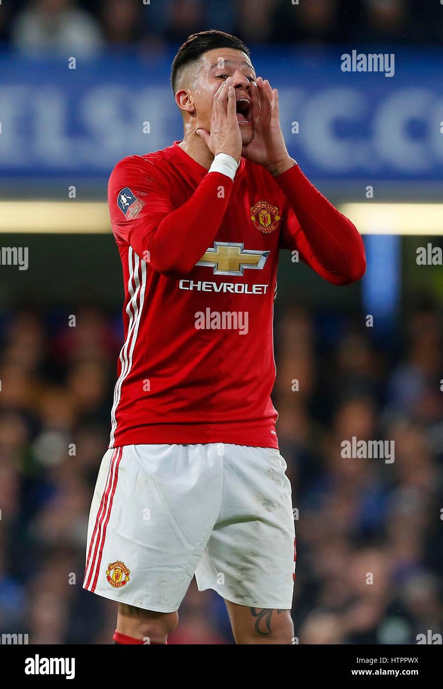 Marcos Rojo of Manchester United during the FA Cup match between Chelsea and Manchester United at Stamford Bridge in London. March 13, 2017. *** EDITORIAL USE ONLY *** FA Premier League and Football League images are subject to DataCo Licence see www.football-dataco.com James Boardman / Telephoto Images +44 7967 642437 Stock Photo