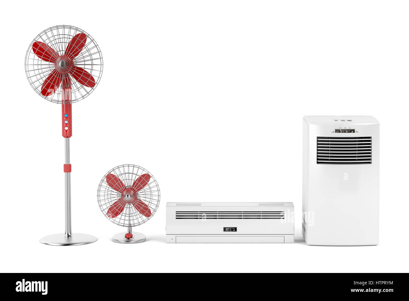 Split system and mobile air conditioners and electric fans Stock Photo