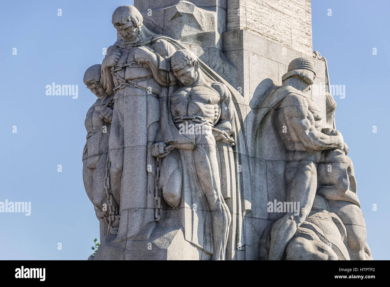Sculptures on a socle of Freedom Monument honouring soldiers killed during the Latvian War of Independence in Riga, capital city of Latvia Stock Photo