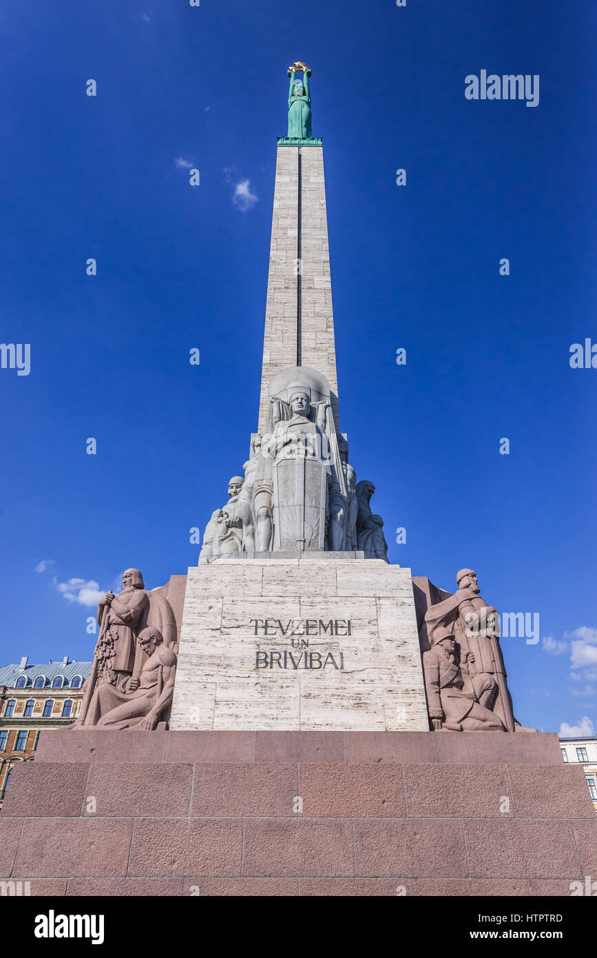 'For Fatherland and Freedom' sentence on Freedom Monument honouring soldiers killed during the Latvian War of Independence in Riga, Latvia Stock Photo