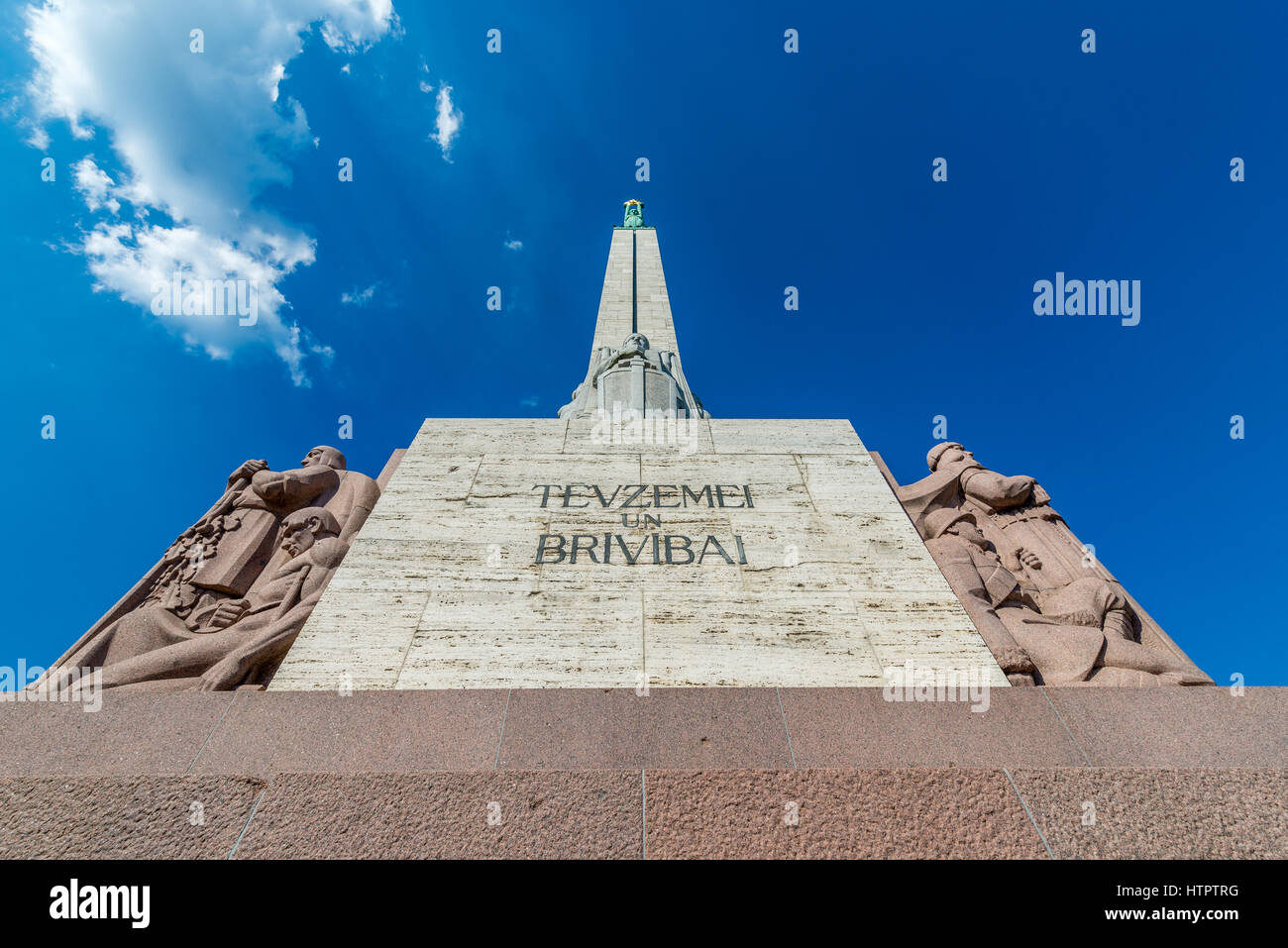 'For Fatherland and Freedom' sentence on Freedom Monument honouring soldiers killed during the Latvian War of Independence in Riga, Latvia Stock Photo