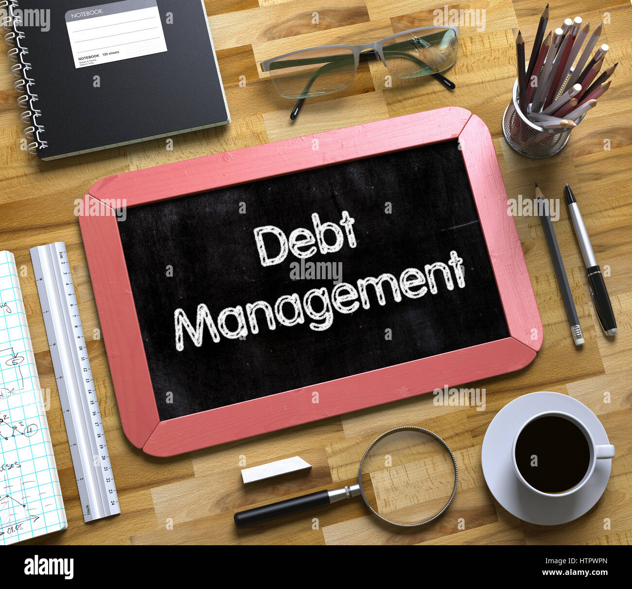 Small Chalkboard with Debt Management. 3D. Stock Photo