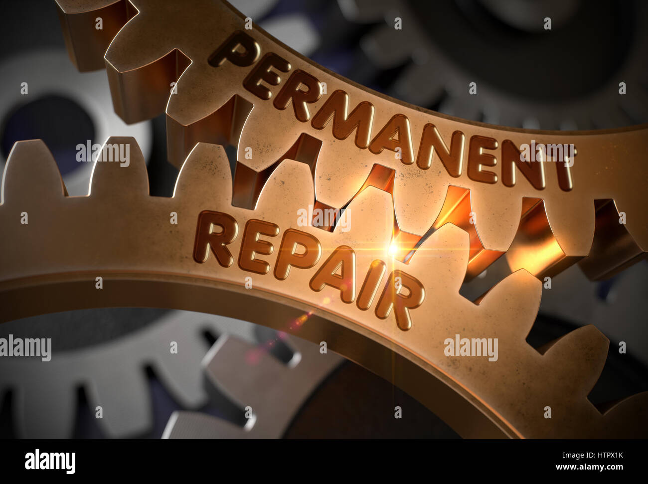 Permanent Repair Concept. Golden Gears. 3D Illustration. Stock Photo